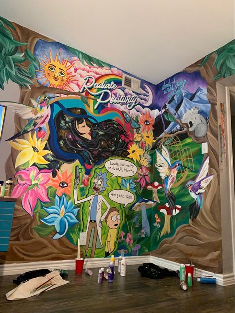 Trippy Wall Paintings Bedroom, Trippy Wall Paintings, Trippy Wall Mural, Odd Drawings, Bedroom Art Painting, Graffiti Room, Cartoon Wall Painting, Trippy Wall Art, Wall Drawings