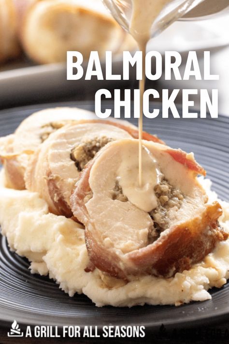 Chicken Balmoral Recipe, Scottish Chicken Recipes, Balmoral Chicken Recipe, Balmoral Chicken, Whiskey Sauce Recipe, Bacon Wrapped Stuffed Chicken, Whiskey Sauce, Scottish Dishes, Wrapped In Bacon