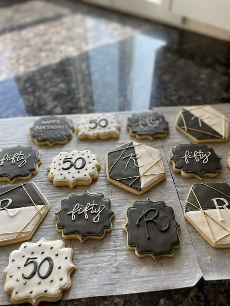 50th Cookie Ideas, 60th Cookies, 50th Birthday Cookies For Men, 50th Bday, Sugar Cookie Icing, Moms Birthday, 28th Birthday, 50th Party, Birthday For Him