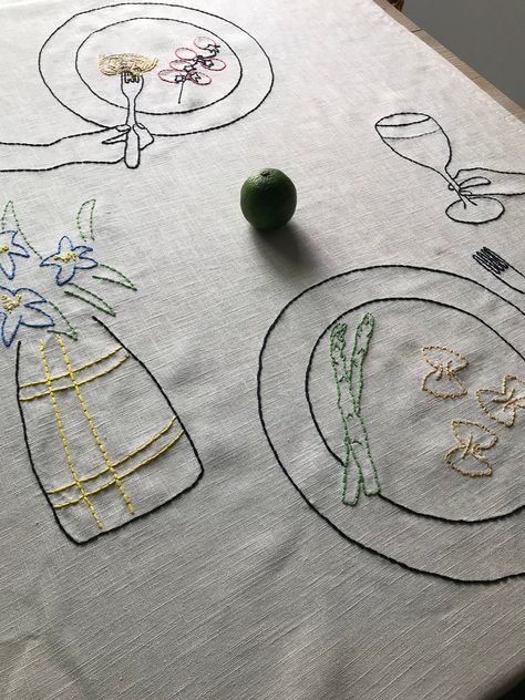 Hand-embroidered beige table runner dinner date for two people with plates, italian pasta and vegetables, flower vase, hands and glass of wine. Italian pasta/ mediterranean themed. Perfect for Valentine's Day. The embroidery is placed for a table width of minimum 31 in (80 cm). Ethically handmade with love in Romania❤ If you need this table runner in different measurements or colors, do not hesitate to ask me! COMPOSITION: 100% linen table runner mouline (cotton) threads CARE: hand wash or machine wash at or below 30oC, gentle or delicate cycle, do not bleach, do not tumble dry. Pasta Embroidery, Embroidery Table Runners, Wine Embroidery, Beige Table Runner, Pasta And Vegetables, Tablecloth Embroidery, Small Table Runner, Kitchen Embroidery Designs, Embroidered Table Cloth