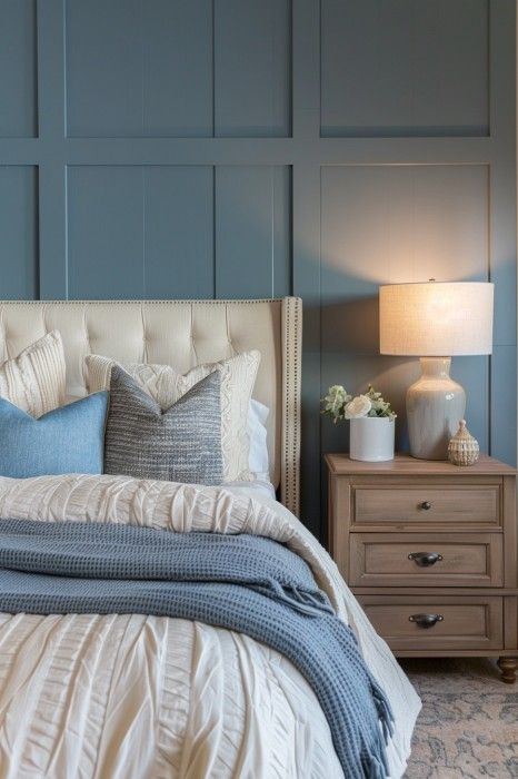 Bedroom Blue Panelling, Bedroom Accent Wall Ideas Paint Colors Farmhouse, Coastal Blue Accent Wall, Slate Blue Accent Wall, Farmhouse Blue Bedroom, Bedroom Accent Wall Colors, Blue Bedroom Accent Wall, Bedrooms With Accent Walls, Master Bedrooms With Accent Wall