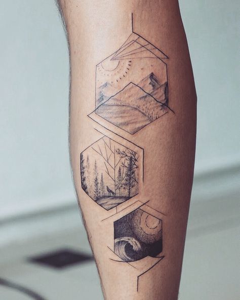 Hexagon Mountain Tattoo, Mountain Ocean Forest Tattoo, Nature Linework Tattoo, Forest And Ocean Tattoo, Geometric Nature Tattoo Sleeve, Calf Tattoo Geometric, Fine Line Nature Tattoo Sleeve, Linework Wolf Tattoo, Men Line Tattoo