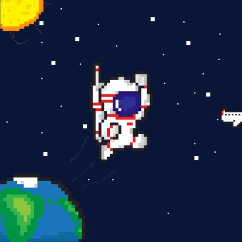 "A Big Leap", this creation is an old project of mine is a pixel based art of an astronaut leaping away from earth. Pixel Art Space Station, Astronaut Pixel Art, Space Pixel Art, Pixel Space, Arte 8 Bits, 2d Game Art, Pixel Drawing, Space Games, Pixel Design