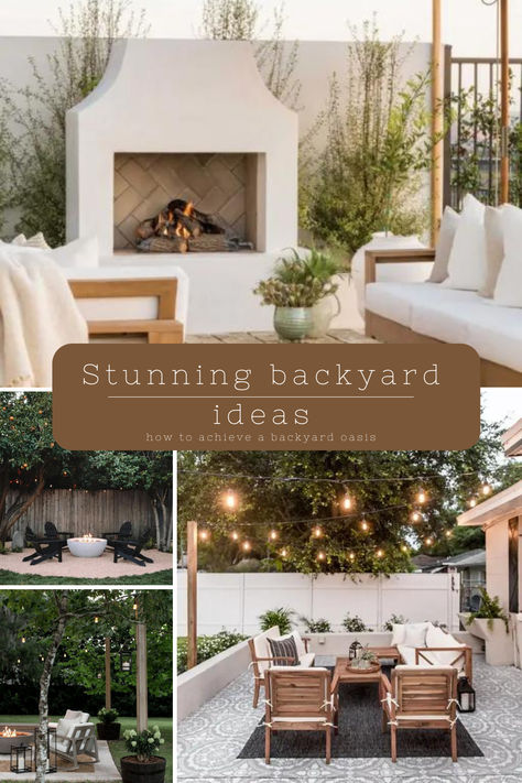 Stunning backyard photos with outdoor seating, string lights and fireplace. Backyard Feature Wall, How To Make Your Backyard An Oasis, Inviting Backyard Ideas, Creating Outdoor Spaces, Budget Friendly Outdoor Space, Italian Style Backyard, Small Space Backyard Ideas, Backyard Setup Ideas, Incredible Backyards