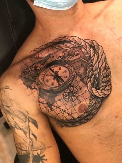 Nautical Chest Tattoo, Nautical Map Tattoo Design, Compass Chest Tattoo, Man's Tattoo, Angelo Tattoo, Compass Tattoos Arm, Martin Tattoo, Compas Tattoo, Pulse Tattoo