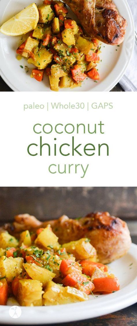 Full of flavor and deliciously healthy, this coconut chicken curry is a delicious meal! It easily fits into paleo, Whole30, and Full GAPS Diets, so everyone can enjoy! #chicken #curry #coconut #whole30 #paleo #primal #glutenfree #gapsdiet #eggfree #dairyfree Gaps Chicken Recipes, Gut Food, Primal Diet Recipes, Gaps Diet Recipes, Coconut Chicken Curry, Curry Coconut, Gaps Recipes, Primal Diet, Paleo Meat Recipes