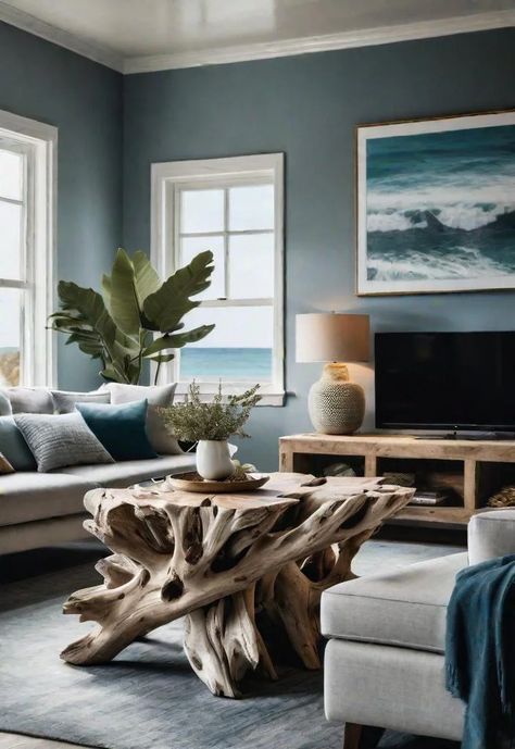 Sea Theme Living Room, Ocean Themed Living Room, House With Blue Accents, Ocean Theme Living Room, Ocean Living Room, Coastal Cozy, Beach House Decor Living Room, Coastal Living Room Ideas, Dreamy Space