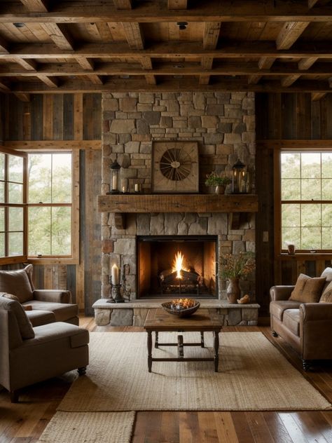 Seaside Serenity: Coastal Living Room Ideas for a Beachy Haven | aulivin.com Log House Living Room, Modern Cottage Interior Living Room, Coastal Living Room Ideas, Reclaimed Wood Fireplace, Timber Frame Cabin, Navy Living Rooms, Cabin Living Room, Hearth Room, Cabin Interiors