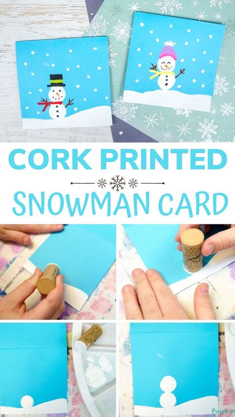 This cork printed snowman card is so cute and fun for kids to make! This idea can be used for handmade Christmas cards and tags or you can use it for a winter art project. Kids will love to dress up their snowman and put their own unique twist on this painting idea. Kids Christmas Cards Handmade, Christmas Cards Kids Can Make, Winter Snow Globe Craft, Winter Art Project, Christmas Cards Handmade Kids, Babysitting Ideas, Snow Globe Crafts, Painted Christmas Cards, Globe Crafts