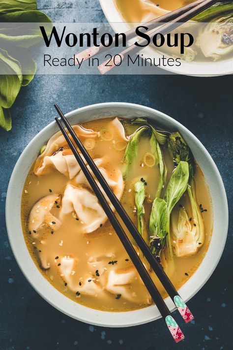 This quick and easy Wonton Soup is like a hug in a bowl. The base flavor of the broth adds heat and warmth to this classic Asian dish. The wonton pillows are cooked to tender perfection, while the bok choy adds color and texture. When you're craving takeout, this recipe is simple to recreate at home in twenty minutes. via @cmpollak1 Easy Wonton Soup, Pig Recipes, Autumn Dinners, Wonton Soup Recipe, Asian Dish, Light Appetizers, Ham And Bean Soup, Bacon Sausage, Slow Cooked Meals