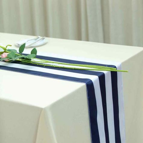 Navy And White Wedding Table, Navy Blue Wedding Decorations, Satin Table Runner, Nautical Ideas, Blue Wedding Decorations, Coffee Table Runner, Sequin Table Runner, Striped Chair, Dining Table Runners