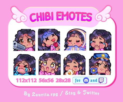 Chibi Curly Hair, Black Chibi, Black Hair With Bangs, Curly Black Hair, Chibi Eyes, Chibi Emotes, Chibi Hair, Character Stickers, Emoji Art