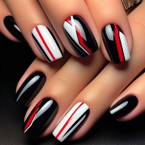 Red Black And White Nail Art, Black And White Stripe Nails, Black White Red Nails, Red Black And White Nails Design, Red White And Black Nails, Red Black And White Nails, Pattern Nails, Mail Designs, Nail Tip Designs