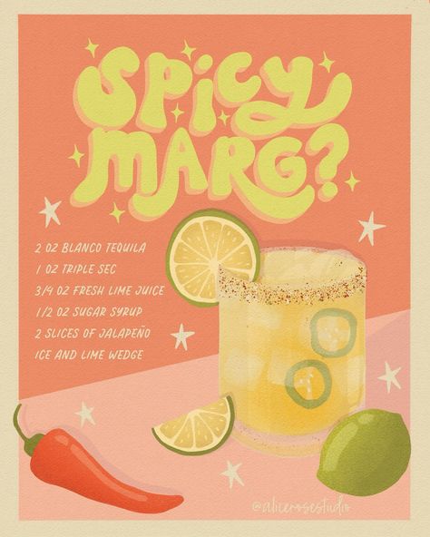 Spicy Marg anyone? 🌶️🍋‍🟩🧂 Adding another addition to my new cocktail series with my favourite, a spicy Marg! Which cocktail shall I draw next? 👀 #spicymarg #spicymargarita #cocktailillustration #illustrationartists #leedsillustrator #illustratorforhire #retroposter #bohodecor #margaritawallart #cocktailposter #818 #cocktailrecipes #procreateart #handdrawn #mixologyart #kitchenart Spicy Margs Aesthetic, Margarita Illustration, Margarita Wall, Marg Recipe, Margarita Art, Alice Rose, Margarita Drink, Art Cocktail, Bar Cart Print