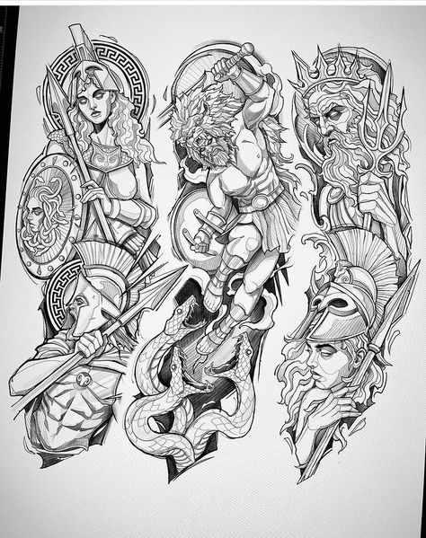 Greek Mythology Sleeve, Tattoo Avant Bras, Tatuaje Studio Ghibli, Hades Tattoo, Greek God Tattoo, Poseidon Tattoo, Zeus Tattoo, Egyptian Tattoo Sleeve, Half Sleeve Tattoos Drawings