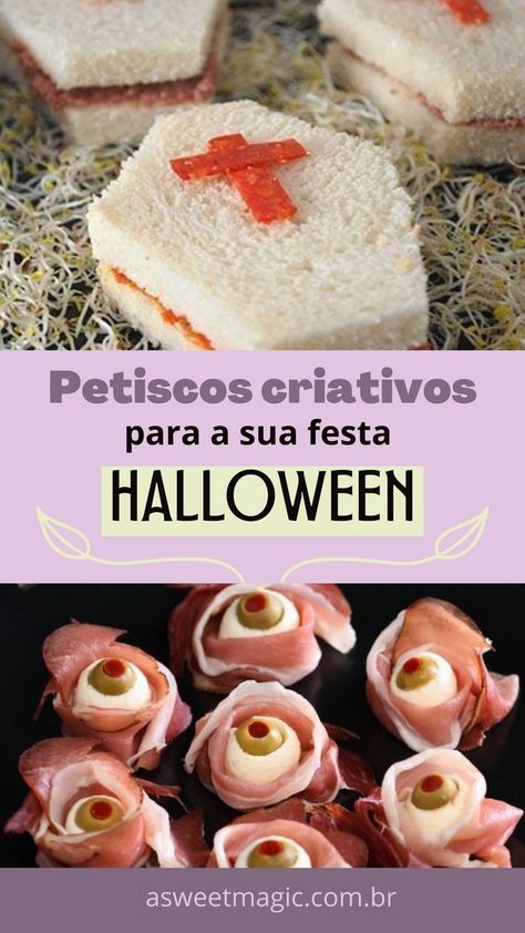 Nessa postagem reuni várias Inspirações de Comidas criativas e temáticas para o Halloween, petiscos, bebidas e também lembrancinhas! Acesse, clicando na imagem! #halloween #halloweenfesta #halloweencomida #halloweendecoração #halloweenfood #halloweendecor #halloweenparty Doce Halloween, Comidas Halloween, Halloween Sandwiches, Halloween Ideias, Halloween Food Snacks, Recetas Halloween, Halloween Lunch, Fiesta Halloween, Dollar Store Halloween