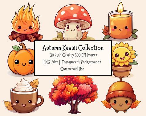 Kawaii Thanksgiving Drawings, Thanksgiving Kawaii, Creating Stationary, Autumn Kawaii, Thanksgiving Drawings, Backgrounds Cute, Mushroom Clipart, Cute Pumpkins, Themed Illustrations