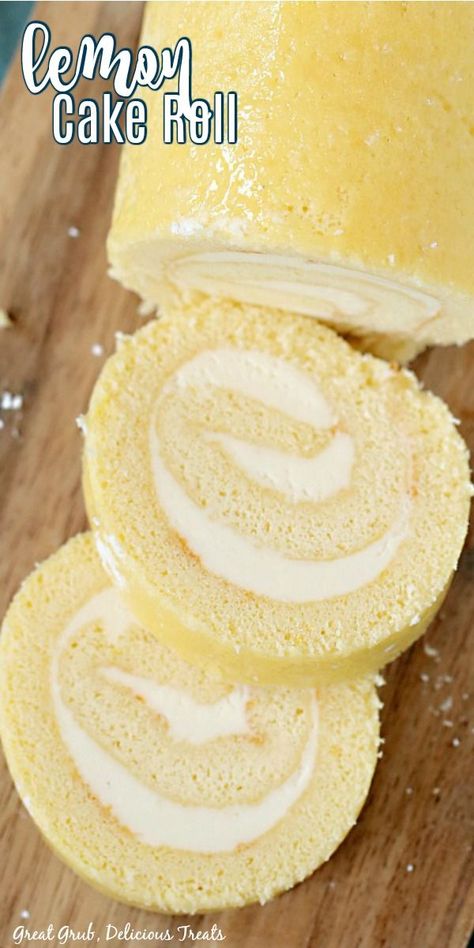 Lemon Cake Roll is super easy to make and has a delicious lemon cream cheese filling. Great Grub, Lemon Roll Cake Recipe, Lemon Cake Roll, Lemon Roll, Lemon Cake Filling, Homemade Lemon Cake, Delicious Lemon Cake, Jelly Roll Cake, Fabulous Desserts