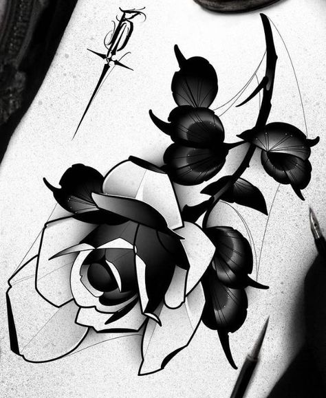 Neo Traditional Lettering, Blackwork Flower Tattoo Design, Dark Flowers Tattoo, Neotraditional Rose Tattoo, Neotrad Rose, Neo Trad Rose, Neo Traditional Flower Tattoo, Neo Traditional Rose, Neotraditional Rose