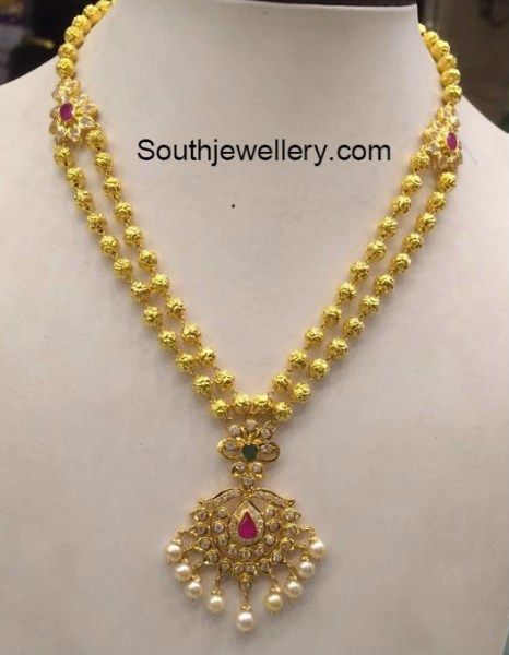 gold_balls_necklace Gundla Mala, Antique Gold Necklace, Latest Indian Jewellery, 22 Carat Gold Jewellery, Haram Designs, Gold Haram, Gold Jewelry Outfits, Gold Necklace Indian, Pearl Jewelry Design