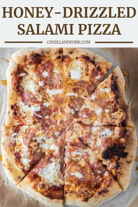 Pizza loaded salami and then drizzled with hot honey is a unique, but perfect twist on a traditional pizza that hits the sweet and spicy taste buds. #salamipizza #hothoneypizza #honeydrizzledsalamipizza #uniquepizza | chiselandfork.com Pizza With Salami, Salami Flatbread Pizza, Salami Pizza Recipes, Winter Pizza Recipes, Winter Pizza, Pizza With Honey, Hot Honey Pizza, Friday Dinners, Unique Pizza Recipes