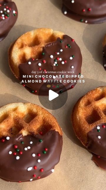 Kiley O'Donnell on Instagram: "MINI CHOCOLATE DIPPED ALMOND WAFFLE COOKIES How stinking cutie?!! Now repeat after me: mini is always better 😌 These mini almond waffle cookies feature a buttery, light, and crisp cookie base that is bursting with almond flavor, are slightly dipped in your favorite chocolate, and of course topped off with festive sprinkles 🎄They’re just so much fun — expand the caption for the recipe below 🤎 #Recipe Details: Ingredients: - 1/2 cup butter, softened - 1 cup sugar - 2 eggs, at room temp - 3/4 tsp almond extract - 1/2 tsp vanilla extract - 1 1/2 cups all-purpose flour @bobsredmill - 1 tsp baking powder - 1/2 tsp salt Chocolate Coating: - 1 cup chocolate chips of choice - 1 tbsp coconut oil - Festive sprinkles Instructions: Preheat your waffle iron. In a mediu Waffle Chips Recipe, Chocolate Chip Cookie Waffles, Cookie Skillet Recipe Mini, Mini Chocolate Chip Waffles, Cookie Dough Waffle Maker, Cookie Dough In Mini Waffle Maker, Waffle Iron Cookies, Waffle Cookies, Cookie Videos