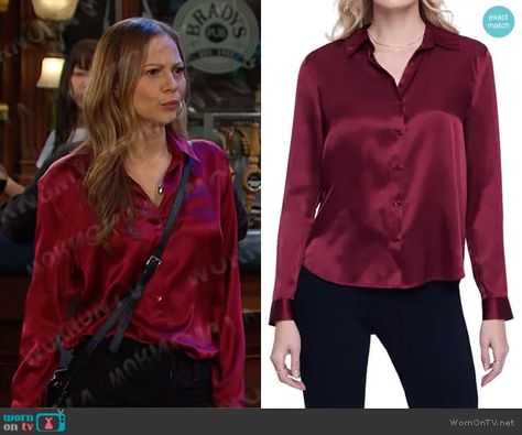 Ava’s red button down satin shirt on Days of our Lives.  Outfit Details: https://wornontv.net/445525/ Paris Family, Lilly Singh, Housewives Of Atlanta, Housewives Of New York, Housewives Of Beverly Hills, Queen Shirts, Jennifer Hudson, Satin Shirt, Days Of Our Lives