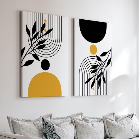 Set of 2 Modern Abstract Canvas Wall Art, Minimalist Black and Mustard Yellow Bedroom  Canvas Prints, Large Living Room Botanical Artwork Mustard Yellow Bedroom, Living Room Botanical, Mustard Yellow Bedrooms, Japandi Wall Art, Bedroom Canvas, Yellow Bedroom, Botanical Artwork, Powerful Art, Abstract Canvas Wall Art