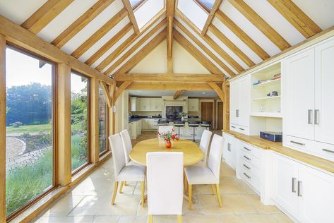 #dining #diningarea #light #spacious #traditional #nature #countryside #beautiful #modern #interior #oak #oakframe #diningroom Conservatory Home, Oak Framed Extensions, Oak Framed Buildings, Family Dining Table, Cosy Kitchen, Inglenook Fireplace, Garden Storage Shed, Timber Windows, Recessed Spotlights