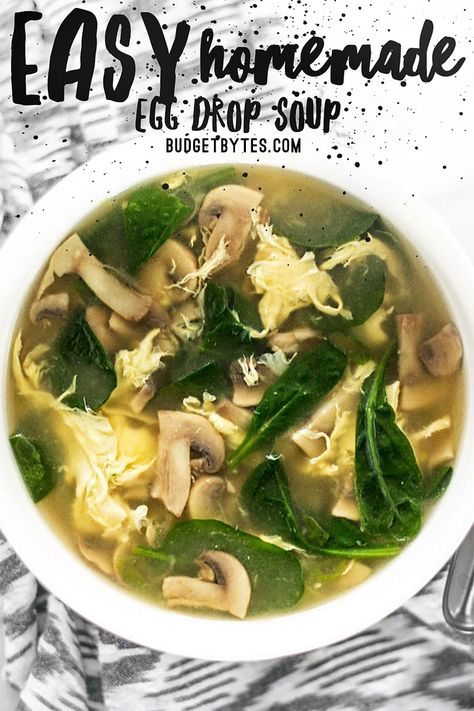 This fast and easy homemade egg drop soup is warm and soothing on cold days or when you're feeling under the weather. Comes together in under 30 minutes! Budgetbytes.com #soup #souprecipe #egg #chinesefood #comfortfood #easyrecipe #easydinner #healthyrecipes #healthyfood #yummy Homemade Egg Drop Soup, Mushroom Garden, Cabbage Soup Diet, Soup Easy, Egg Drop Soup, Egg Drop, Feeling Under The Weather, Under The Weather, Easy Eggs