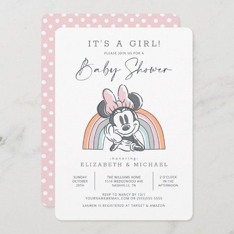 Minnie Mouse Rainbow Watercolor Baby Shower Invitation Rainbow Baby Shower Invitations, Minnie Mouse Baby, Baby Shower Party Invitations, Minnie Mouse Baby Shower, Cheap Baby Shower, Disney Baby Shower, Watercolor Baby Shower, Rainbow Watercolor, Woodland Baby Shower Invitations