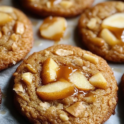 Caramel Apple Cookies Carmel Apple Oatmeal Cookies Recipes, Apple Pecan Cookies, Use Up Apples Ideas, Carmel Apple Cookie Recipe, Carmel Apple Cookie Recipes Easy, Kraft Caramel Bits Recipes, Caramel Apple Oatmeal Cookies, Pear Caramel, Kraft Caramel Bits