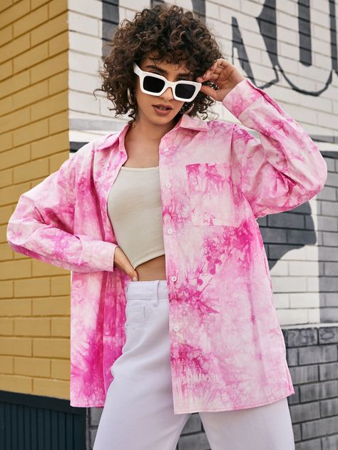 Pink Casual  Long Sleeve Cotton Tie Dye Tunic Embellished Non-Stretch Spring Women Tops, Blouses & Tee Pink Jeans Outfit, Pink Shirt Outfit, Drop Shoulder Blouse, Pink Tye Dye, Tie Dye Tunics, Birthday Shoot, Tie Dye Outfits, Tie Dye Colors, Pink Panther