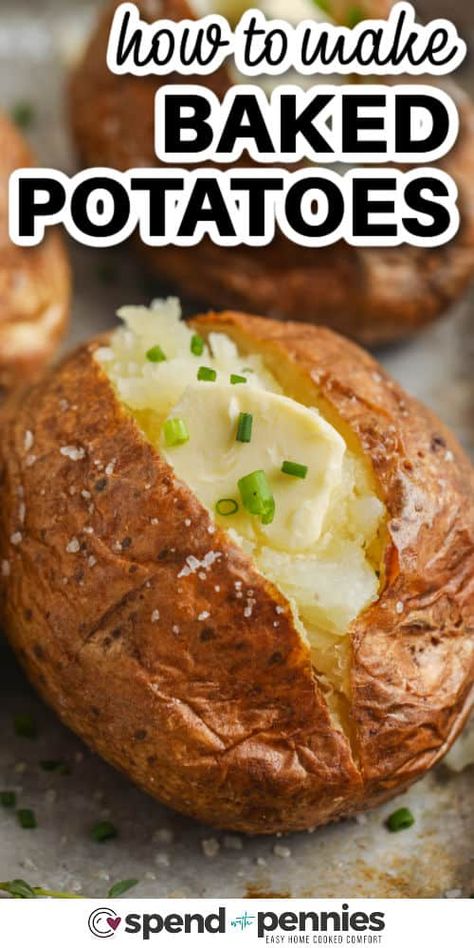 Once you know how to make delicious baked potatoes this will become your go-to recipe. This fail-proof method guarantees the fluffiest baked spuds with perfectly crispy skins. Enjoy this easy side dish by adding a pat of butter and dollop of sour cream, or transform them into a loaded baked potato by stacking them with crispy bacon and melted cheddar. #howtomakebakedpotatoes #bakedpotatoes #howtomakebakedpotatoeswithcrispyskin #spendwithpennies Best Potatoes For Baking, Make Baked Potatoes, Cooking Baked Potatoes, Easy Baked Potato, Baked Potato Skins, Baked Potato Bar, Best Baked Potato, Perfect Baked Potato, Making Baked Potatoes