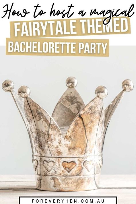 Text: How to host a magical Fairytale themed bachelorette party. Image of a crown with little hearts on it. Fairy Themed Bachelorette Party, Princess Theme Bachelorette Party, Disney Themed Bachelorette Party Ideas, Happily Ever After Bachelorette Party, Fairytale Bachelorette Party, Disney Bachelorette Party Theme, Book Bachelorette Party, Book Themed Bachelorette Party, Fairytale Party Games