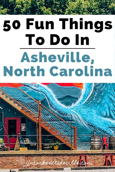 50 fun things to do in Asheville North Carolina with street art of a blue heron painted on a building Asheville Things To Do, Asheville Hikes, Ashville North Carolina, Things To Do In Asheville, Downtown Asheville Nc, North Carolina Art, North Carolina Vacations, North Carolina Travel, Pisgah National Forest