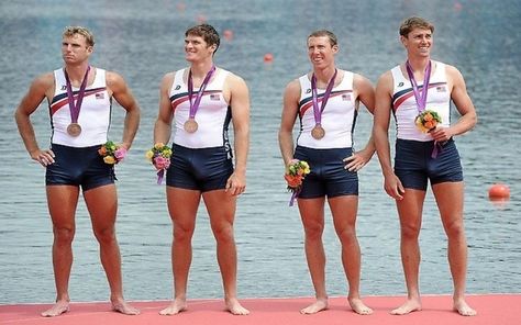 I know it's one thing to get excited to get an olympic medal, but to get *excited*?! Side note, how about some pants that are a little more loose? Olympic Rowing, Medal Stand, Men's Rowing, Rowing Team, Revealing Outfits, Olympic Medals, Manama, London Calling, Athletic Men