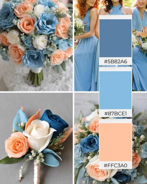 Explore these stunning sea blue and peach wedding color ideas for inspiration to help you create your dream wedding color palette! 💍✨ READ--> https://franciscasbridal.com/sea-blue-and-peach-wedding-color-ideas/ #franciscasbridal #wedding #weddinginspo #weddingideas #weddingvenue #weddingplanning #weddingflowers #weddingcolorideas #weddinginspiration #weddingcolors #weddingcolorideas #weddingcolorpalette #weddingthemeideas #weddingdecor Sky Blue And Peach Wedding Theme, Cornflower Blue And Peach Wedding, Wedding Color Schemes Beach, Dusty Blue And Peach Wedding Theme, Pale Blue Wedding Theme, Unique Wedding Color Schemes Summer, Teal Peach Wedding, Dusty Blue And Peach Wedding, Francisca's Bridal