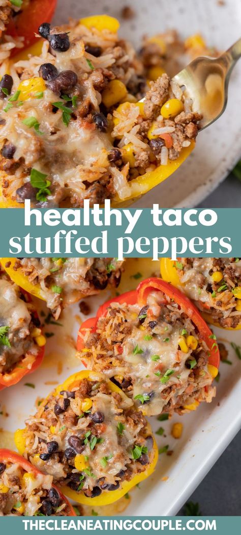 This easy Taco Stuffed Peppers recipe is perfect for a quick dinner! Learn how to make taco stuffed bell peppers that are healthy & yummy! Made with turkey or beef and with rice! Taco Stuffed Bell Peppers, Healthy Taco, Taco Stuffed Peppers, Stuffed Peppers Recipe, How To Make Taco, Healthy Tacos, Easy Healthy Meal Prep, Protein Meals, Health Dinner