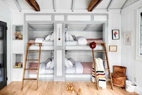 Need to Sleep a Crowd? Try These Nostalgic Bunk Room Ideas Walls Design Ideas, Colours That Go With Grey, Bunk Room Ideas, Bunk Bed Ideas, Walls Design, Fresh Living Room, Blue Accent Pillow, Peaceful Bedroom, Built In Bunks