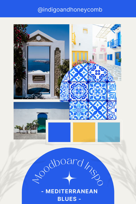 Escape to the stunning shores of the Mediterranean with our latest mood board, Mediterranean Blues! We're celebrating the beauty of ocean and Mediterranean blues, accented with crisp sea air whites, bright summer yellows, and lush greens, evoking the charm of days spent along the Greek or Italian seashore. 💙🇬🇷🇮🇹

📝 Dive deeper into the world of blue with our blog post, "Beyond the Blue: Unveiling Secrets of Blue Color Theory," where we explore blue's rich history. 

#Indigoandhoneycomb Santorini Blue Color Palette, Blue Color Theory, Paint Color Schemes, Bathroom Paint Colors, Mediterranean Blue, Summer Yellow, Color Lab, Bedroom Paint Colors, Blue Colour Palette