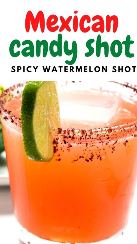 Hello Shots With Tequila, Mexican Candy Alcoholic Drinks, Spicy Alcoholic Drinks Recipes, Watermelon Candy Shots, Mexican Shooters, Mexican Candy Shots Recipes, Tequila Mixed Shots, Mexican Candy Alcohol Drink, Spicy Alcoholic Drinks