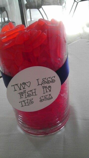 Two less fish in the sea... Two Less Fish In The Sea Bachelorette, Bridal Shower Snack Ideas, Sea Centerpieces, Bridal Shower Prizes, Engagement Party Planning, Fish Snacks, Goldfish Crackers, Party Table Centerpieces, Fish In The Sea