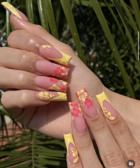 Hawaii Nails, Retro Nails, Acrylic Toe Nails, Spring Acrylic Nails, Drip Nails, Girly Acrylic Nails, Dope Nail Designs, Bling Acrylic Nails, Pink Acrylic Nails