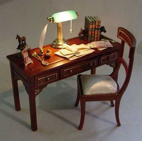 Library Dollhouse, Dollhouse Study, Horse Trophy, Miniature Desk, Miniature Dress, Electric Light, Gifts Vintage, Dolls Houses, Matching Chairs