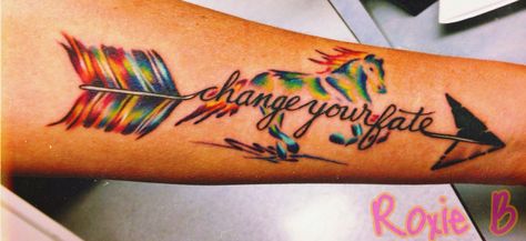 Change your fate horse tattoo is no longer on the bucket list! My personal design and so excited how it turned out Horse And Arrow Tattoo, Western Horse Tattoos For Women, Horse Tattoo Remembrance, Indian Horse Tattoo, Spirit Tattoo Horse Quote, Crazy Horse Tattoo Native American, Cool Tattoos With Meaning, Arrow Tattoos For Women, Adventure Tattoo