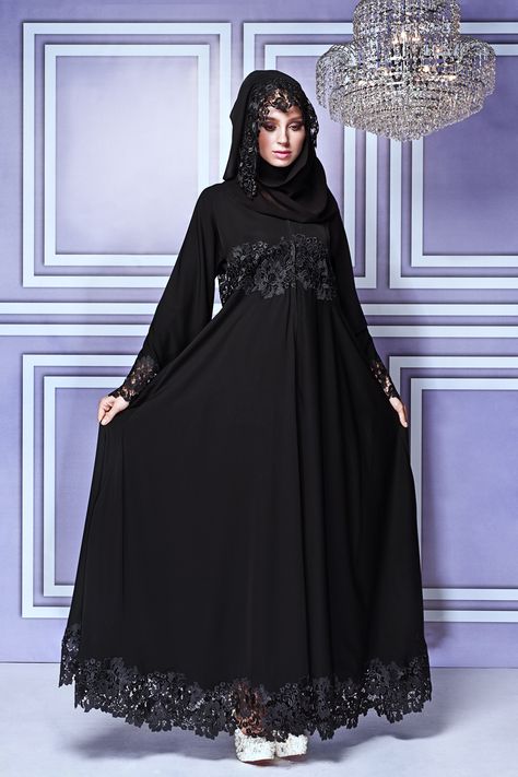 Abayas get a glittering makeover with new Malaysian high-end label: This empire cut abaya with bold border lace could work for practically any occasion Stylish Abaya Designs, Muslimah Abaya, Abaya Designs Latest, Abaya Fashion Dubai, Frock Style, Border Lace, Tutorial Hijab, Mode Abaya, Muslim Fashion Dress