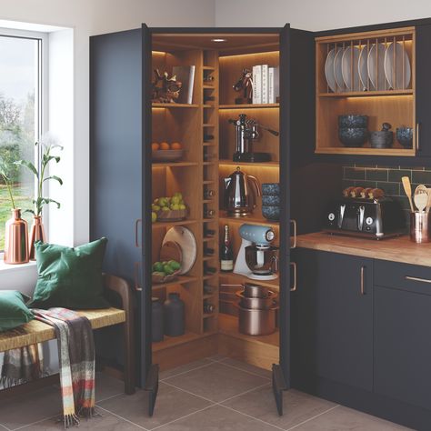 DIAGONAL CORNER LARDER UNIT | Standard Kitchen Units | Kitchenin Small Kitchen Appliance Storage, Kitchen Credenza, Small Apartment Storage, Kitchen Appliance Storage, Kitchen Larder, Narrow Kitchen, London Kitchen, Kitchen Pantry Design, Kitchen Pantry Cabinets