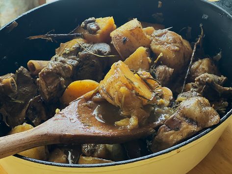 Lemony Braised Goat With Blackened Garlic and White Wine Goat Dishes, My Greek Table, Diane Kochilas, Longevity Recipes, Greek Kitchen, Cabbage Stew, Goat Recipes, Greek Recipe, Longevity Diet