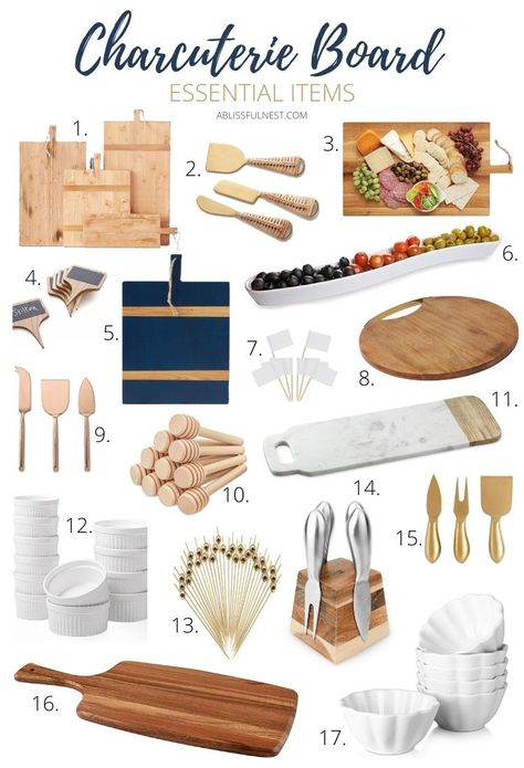 Build the ultimate charcuterie board with all these essential items to have on hand in your pantry. #ABlissfulNest #charcuterie #entertainingideas Charcuterie Board Markers, Utensils For Charcuterie Board, Charcuterie Board Gift Accessories, Fake Charcuterie Board, Charcuterie Board Food Items, Charcuterie Board Elements, Gifting A Charcuterie Board, Decorating With Charcuterie Board, Charcuterie Gifts Diy